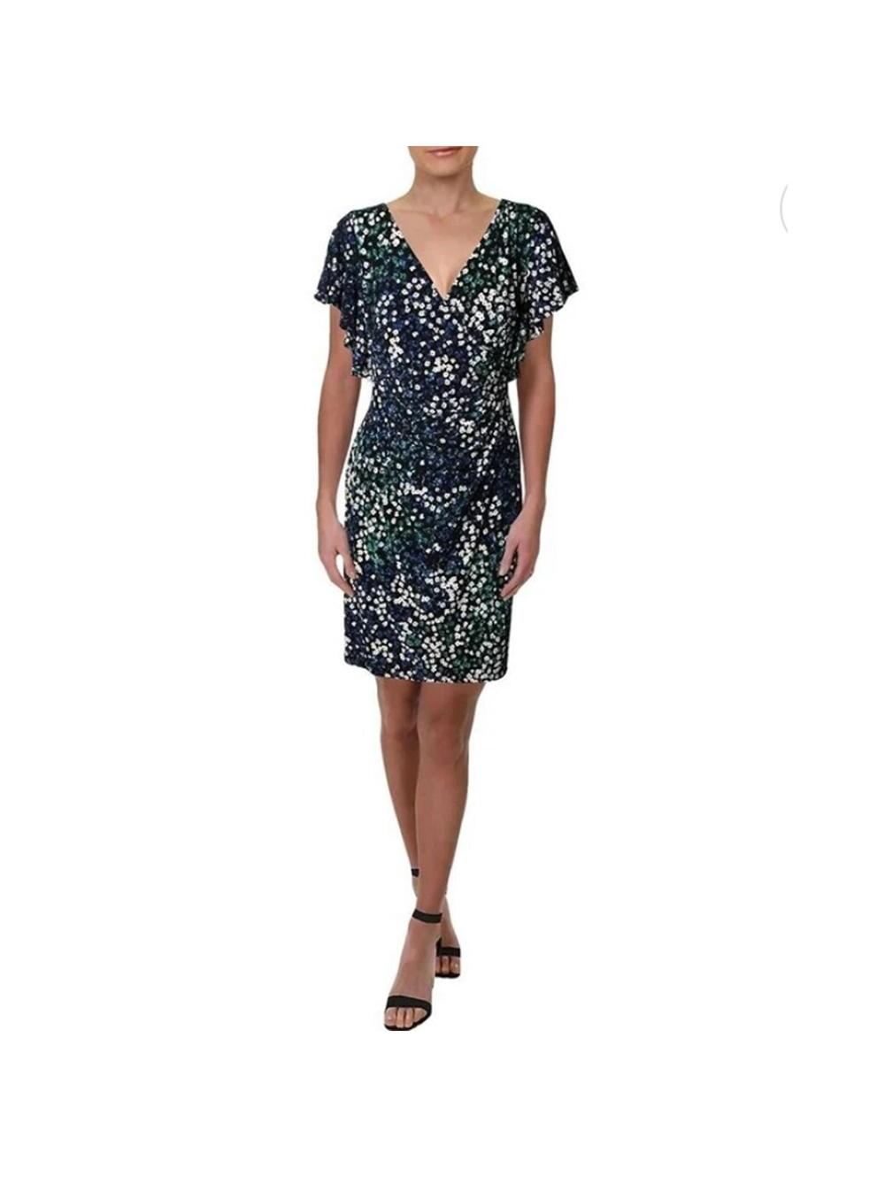 Ralph Lauren Navy Blue White Green Floral Wrap Ruffle Sleeve V-Neck Mini Dress